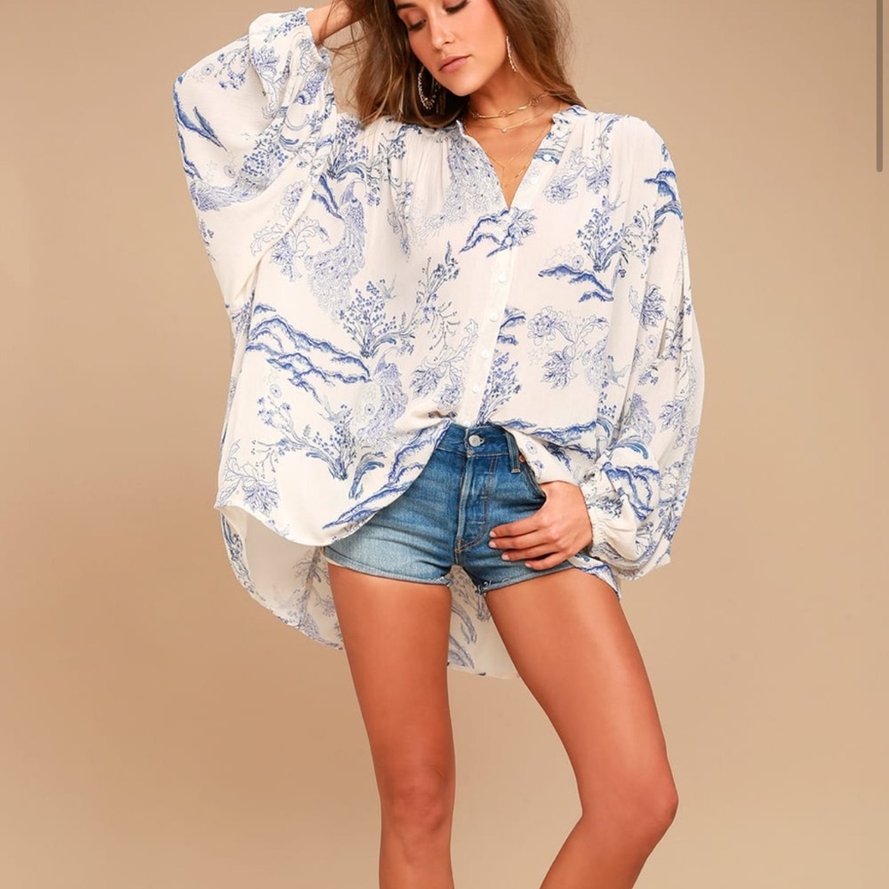Free People Metallic Blooms Ivory Print Top M